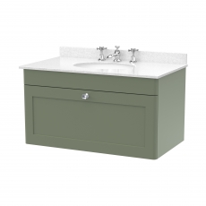 Nuie Classique Wall Hung 1-Drawer Vanity Unit with 3TH White Round Marble Top Basin 800mm Wide - Satin Green