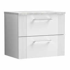 Nuie Deco Wall Hung 2-Drawer Vanity Unit with Bellato Grey Worktop 600mm Wide - Satin White