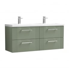 Nuie Deco Wall Hung 4-Drawer Vanity Unit with Double Ceramic Basin 1200mm Wide - Satin Green