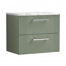 Nuie Deco Wall Hung 2-Drawer Vanity Unit with Carrera Marble Worktop 600mm Wide - Satin Green