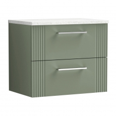 Nuie Deco Wall Hung 2-Drawer Vanity Unit with Sparkling White Worktop 600mm Wide - Satin Green