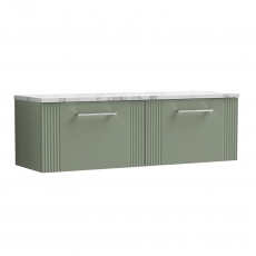 Nuie Deco Wall Hung 2-Drawer Vanity Unit with Carrera Marble Worktop 1200mm Wide - Satin Green