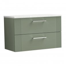 Nuie Deco Wall Hung 2-Drawer Vanity Unit with Sparkling White Worktop 800mm Wide - Satin Green