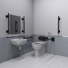 Nymas NymaSTYLE Premium Rimless RH Back to Wall Doc M Toilet Pack with TMV3 Valve - Matt Black Grab Rails