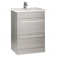 Prestige Purity 2-Drawer Floor Standing Vanity Unit with Mid Depth Ceramic Basin 600mm Wide - Silver Oak