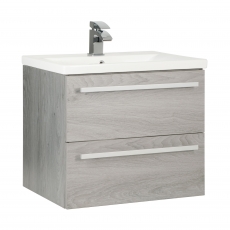 Prestige Purity 2-Drawer Wall Hung Vanity Unit with Mid Depth Ceramic Basin 600mm Wide - Silver Oak