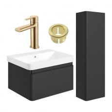 Signature Celeste Bathroom Suite with Wall Hung Vanity Unit and Tall Unit 600mm Wide - Matt Black/Brushed Brass