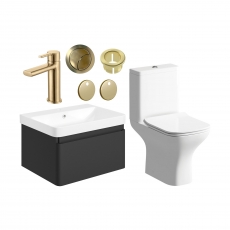 Signature Celeste Bathroom Suite with Wall Hung Vanity Unit 600mm Wide - Matt Black/Brushed Brass