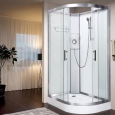 Vidalux Pure E Offset Quadrant Shower Cabin 1200mm LH with Brushed Steel Electric Shower 9.5 KW - White