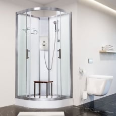 Vidalux Pure E Quadrant Shower Cabin 900mm with Brushed Steel Electric Shower 9.5 KW - White