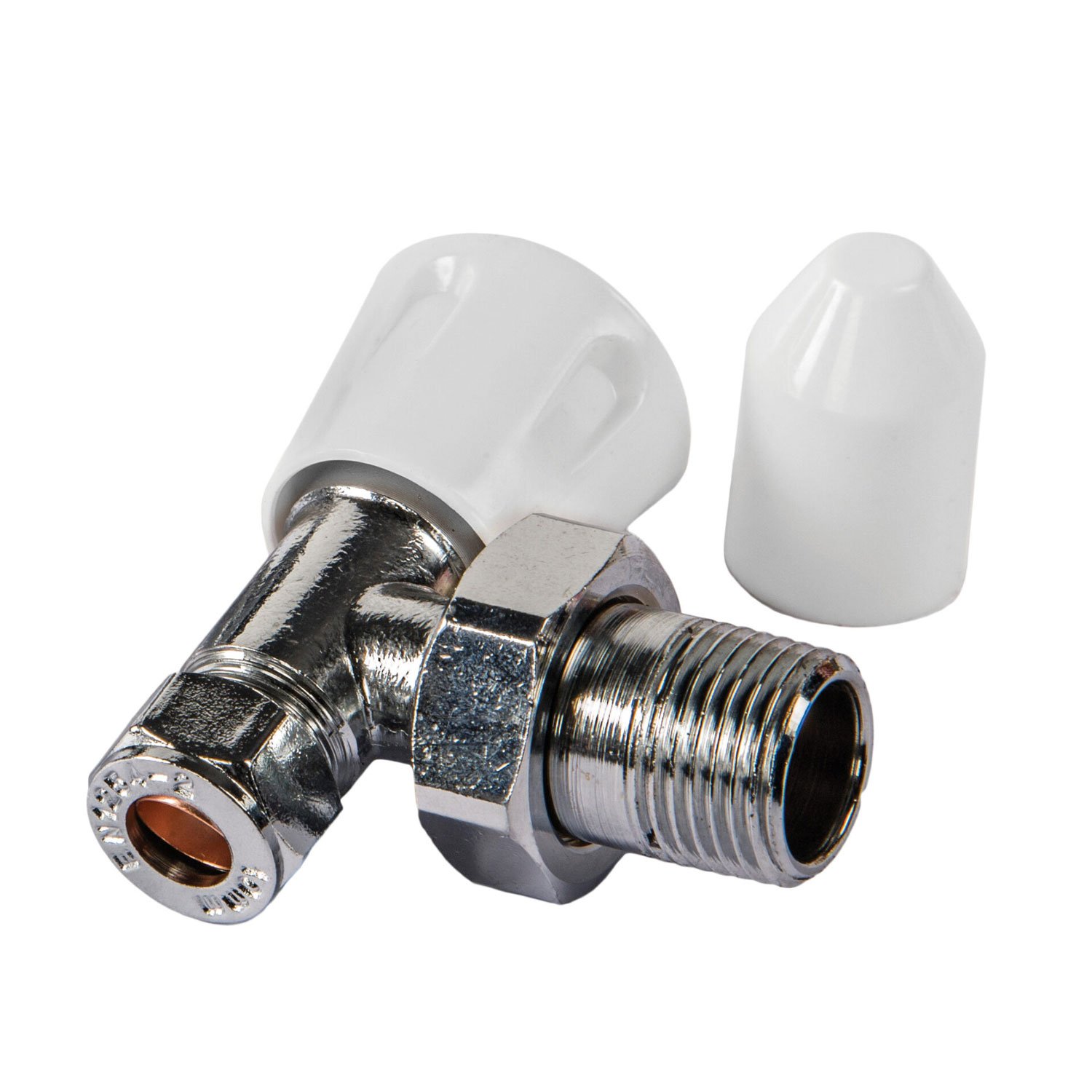 Prestige Galaxy Angled Lockshield Valve with Drain-Off, 10mm, White/Chrome