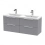 Hudson Reed Fluted Wall Hung 4-Drawer Vanity Unit with Double Ceramic Basin 1200mm Wide - Satin Grey