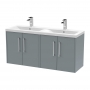 Hudson Reed Juno Wall Hung 4-Door Vanity Unit with Double Ceramic Basin 1200mm Wide - Coastal Grey