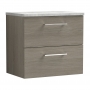 Nuie Arno Wall Hung 2-Drawer Vanity Unit with Bellato Grey Worktop 600mm Wide - Solace Oak Woodgrain