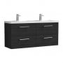 Nuie Arno Wall Hung 4-Drawer Vanity Unit with Double Polymarble Basin 1200mm Wide - Black Woodgrain