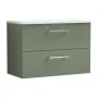 Nuie Arno Wall Hung 2-Drawer Vanity Unit with Sparkling White Worktop 800mm Wide - Satin Green