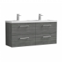 Nuie Arno Wall Hung 4-Drawer Vanity Unit with Double Polymarble Basin 1200mm Wide - Anthracite Woodgrain