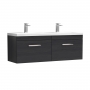 Nuie Athena Wall Hung 2-Drawer Vanity Unit with Double Ceramic Basin 1200mm Wide - Charcoal Black