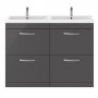 Nuie Athena Floor Standing 4-Drawer Vanity Unit with Double Ceramic Basin 1200mm Wide - Gloss Grey