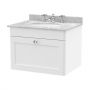 Nuie Classique Wall Hung 1-Drawer Vanity Unit with 3TH Grey Marble Top Basin 600mm Wide - Satin White