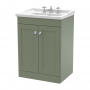 Nuie Classique Floor Standing 2-Door Vanity Unit with Traditional Basin 600mm Wide Satin Green - 3 Tap Hole