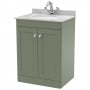 Nuie Classique Floor Standing 2-Door Vanity Unit with 1TH Grey Marble Top Basin 600mm Wide - Satin Green