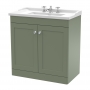 Nuie Classique Floor Standing 2-Door Vanity Unit with Traditional Basin 800mm Wide Satin Green - 3 Tap Hole