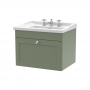 Nuie Classique Wall Hung 1-Drawer Vanity Unit with Traditional Basin 600mm Wide Satin Green - 3 Tap Hole