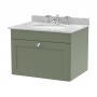 Nuie Classique Wall Hung 1-Drawer Vanity Unit with 3TH Grey Marble Top Basin 600mm Wide - Satin Green