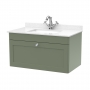 Nuie Classique Wall Hung 1-Drawer Vanity Unit with 1TH White Square Marble Top Basin 800mm Wide - Satin Green