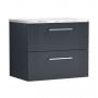 Nuie Deco Wall Hung 2-Drawer Vanity Unit with Carrera Marble Worktop 600mm Wide - Satin Anthracite