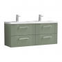 Nuie Deco Wall Hung 4-Drawer Vanity Unit with Double Polymarble Basin 1200mm Wide - Satin Green