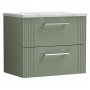 Nuie Deco Wall Hung 2-Drawer Vanity Unit with Bellato Grey Worktop 600mm Wide - Satin Green