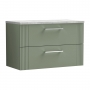 Nuie Deco Wall Hung 2-Drawer Vanity Unit with Bellato Grey Worktop 800mm Wide - Satin Green