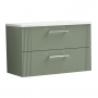 Nuie Deco Wall Hung 2-Drawer Vanity Unit with Sparkling White Worktop 800mm Wide - Satin Green