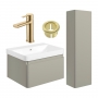 Signature Celeste Bathroom Suite with Wall Hung Vanity Unit and Tall Unit 600mm Wide - Matt Latte/Brushed Brass